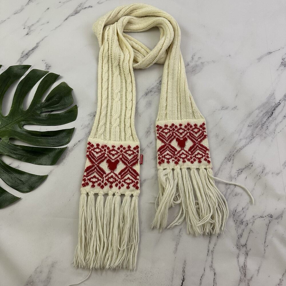 Disneyland Vintage Y2k Fair Isle Scarf Cream Red Mickey Fringe Cable Knit Disney